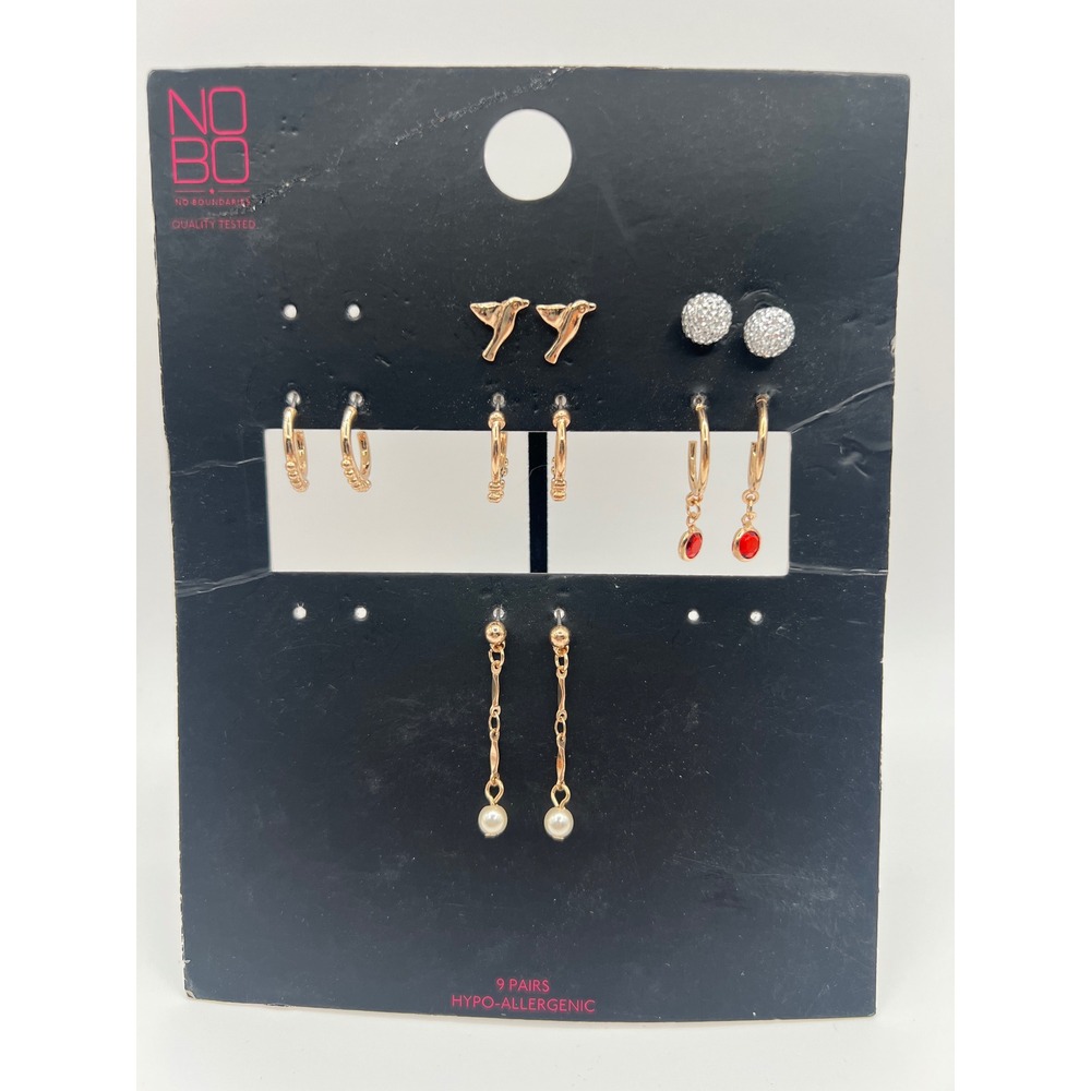 No Boundaries Gold Tone Earring Set 6 Pairs Bird Hoops Pearls Red Stones Studs
